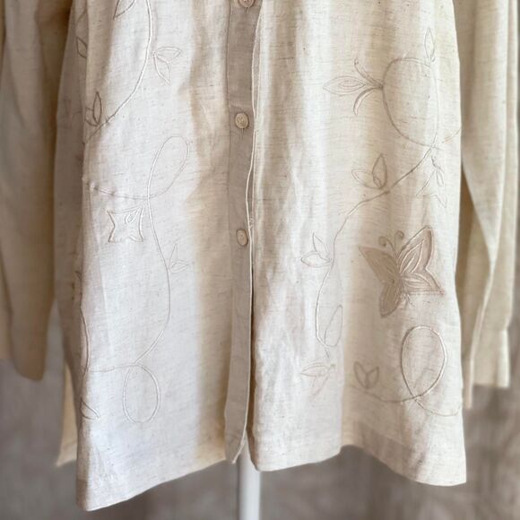 NWT Vintage 90s Tower Hill Ivory Linen ButtonUp Shirt Butterfly Embroidery Sz‎ L - Picture 6 of 8